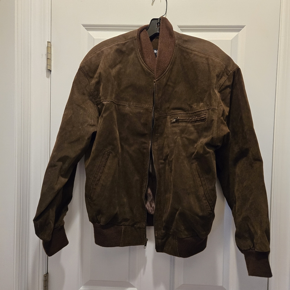 Vintage Bomber Jacket Men's M Genuine Leather Suede Brown Zip Up Lined 8…